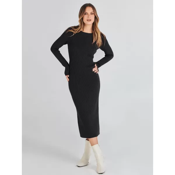 imageANRABESS Womens 2023 Trendy Long Sleeve Sweater Dress Crewneck Slim Fit Ribbed Knit Bodycon Midi DressBlack