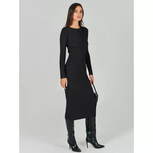 imageANRABESS Womens 2023 Trendy Long Sleeve Sweater Dress Crewneck Slim Fit Ribbed Knit Bodycon Midi DressBlack