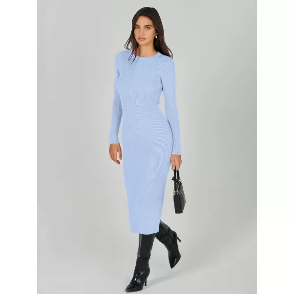 imageANRABESS Womens 2023 Trendy Long Sleeve Sweater Dress Crewneck Slim Fit Ribbed Knit Bodycon Midi DressBlue