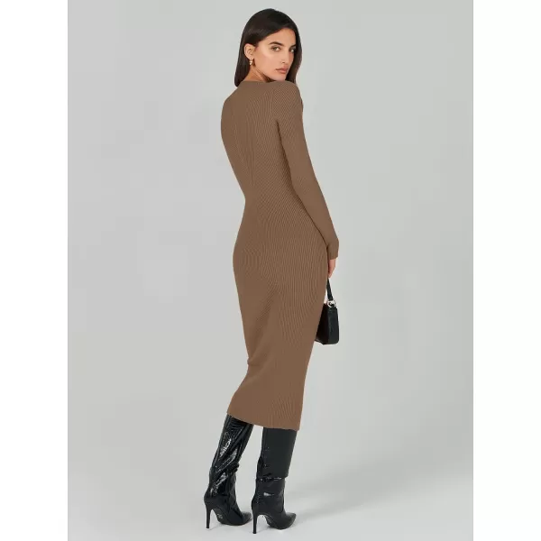 imageANRABESS Womens 2023 Trendy Long Sleeve Sweater Dress Crewneck Slim Fit Ribbed Knit Bodycon Midi DressBrown
