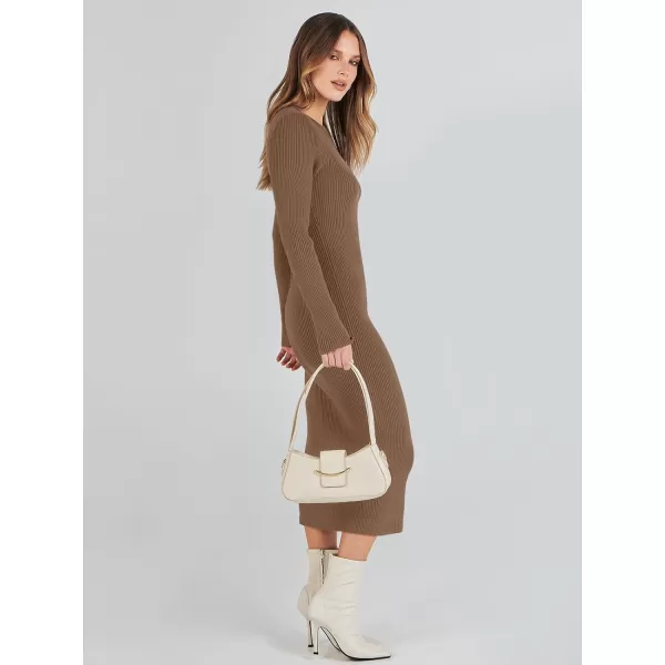 imageANRABESS Womens 2023 Trendy Long Sleeve Sweater Dress Crewneck Slim Fit Ribbed Knit Bodycon Midi DressBrown