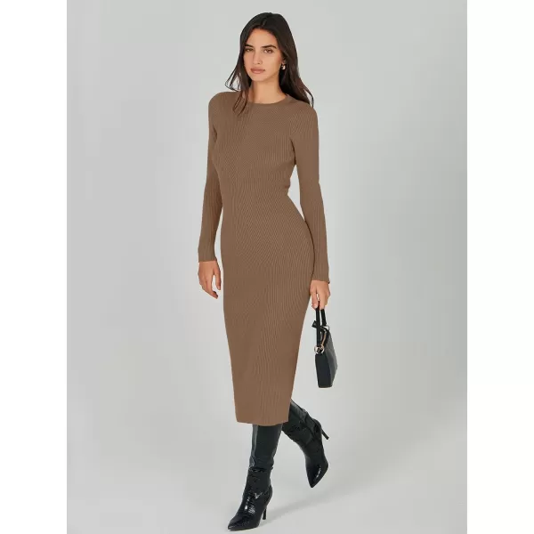 imageANRABESS Womens 2023 Trendy Long Sleeve Sweater Dress Crewneck Slim Fit Ribbed Knit Bodycon Midi DressBrown