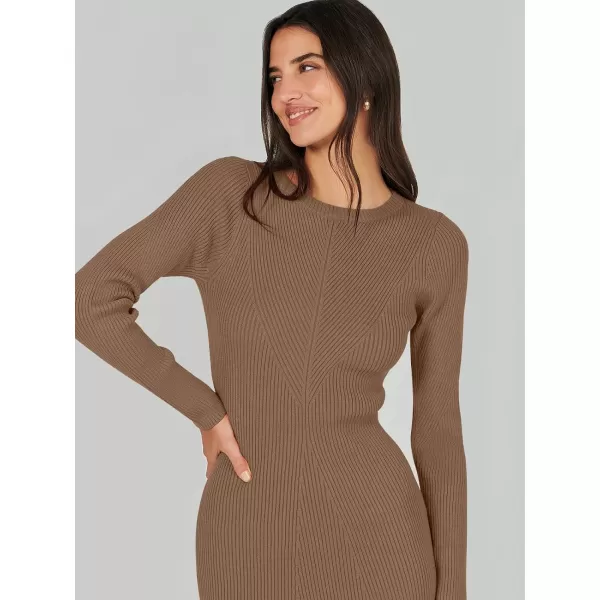 imageANRABESS Womens 2023 Trendy Long Sleeve Sweater Dress Crewneck Slim Fit Ribbed Knit Bodycon Midi DressBrown