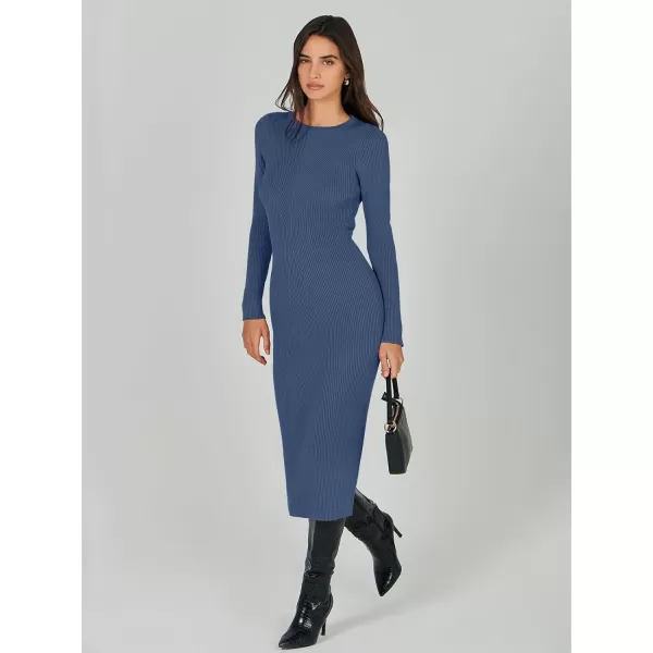 imageANRABESS Womens 2023 Trendy Long Sleeve Sweater Dress Crewneck Slim Fit Ribbed Knit Bodycon Midi DressDusty Blue