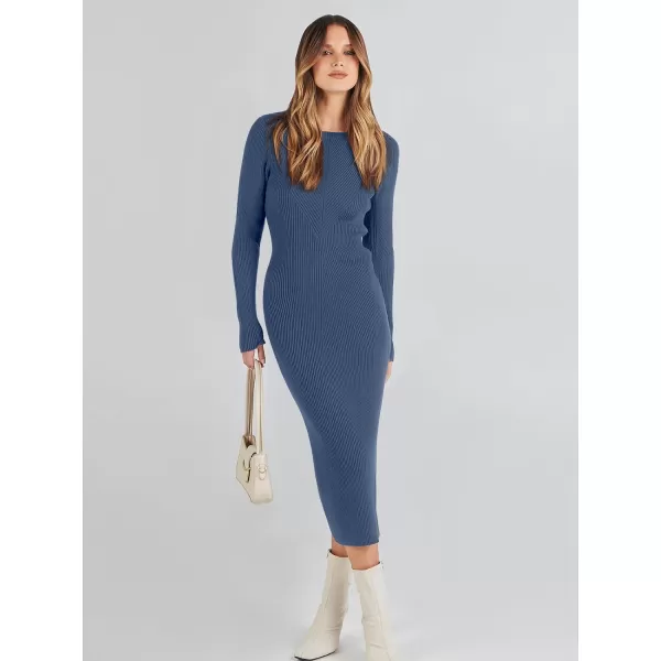 imageANRABESS Womens 2023 Trendy Long Sleeve Sweater Dress Crewneck Slim Fit Ribbed Knit Bodycon Midi DressDusty Blue
