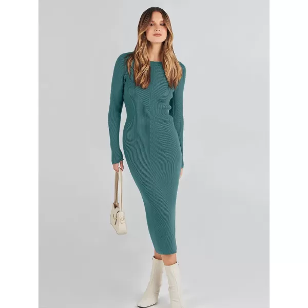 imageANRABESS Womens 2023 Trendy Long Sleeve Sweater Dress Crewneck Slim Fit Ribbed Knit Bodycon Midi DressGreen Blue