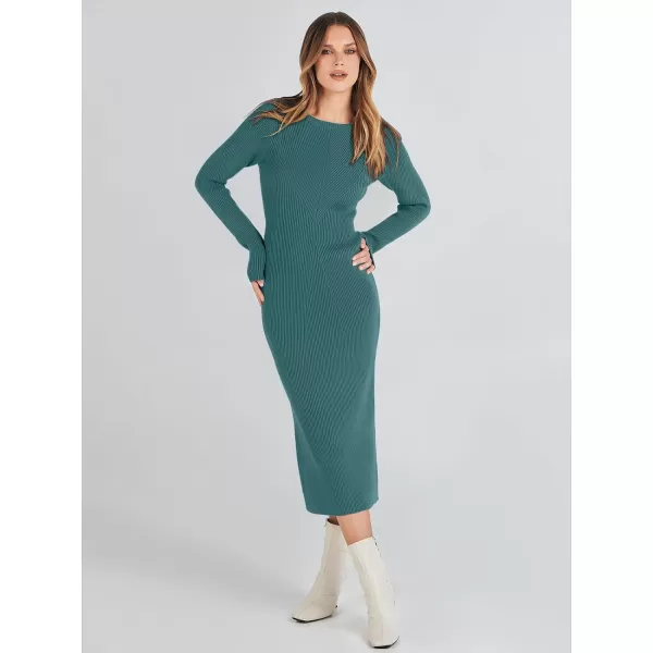 imageANRABESS Womens 2023 Trendy Long Sleeve Sweater Dress Crewneck Slim Fit Ribbed Knit Bodycon Midi DressGreen Blue