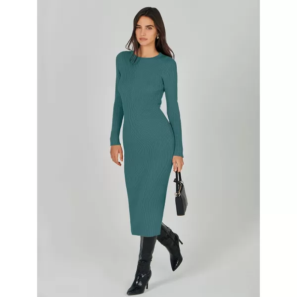 imageANRABESS Womens 2023 Trendy Long Sleeve Sweater Dress Crewneck Slim Fit Ribbed Knit Bodycon Midi DressGreen Blue