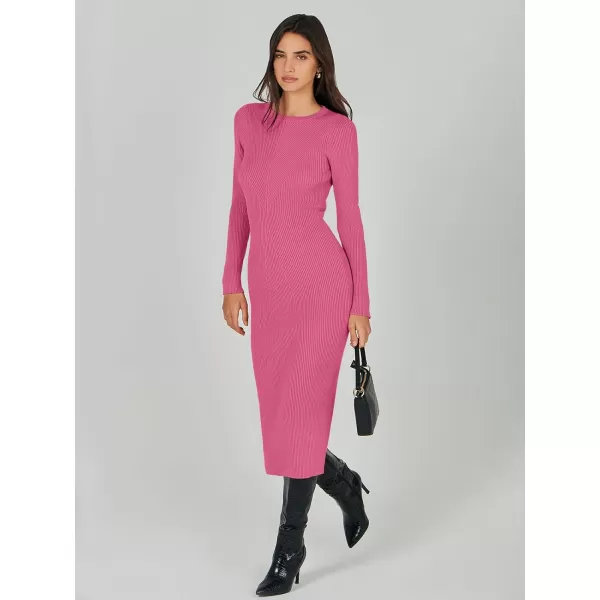imageANRABESS Womens 2023 Trendy Long Sleeve Sweater Dress Crewneck Slim Fit Ribbed Knit Bodycon Midi DressHot Pink