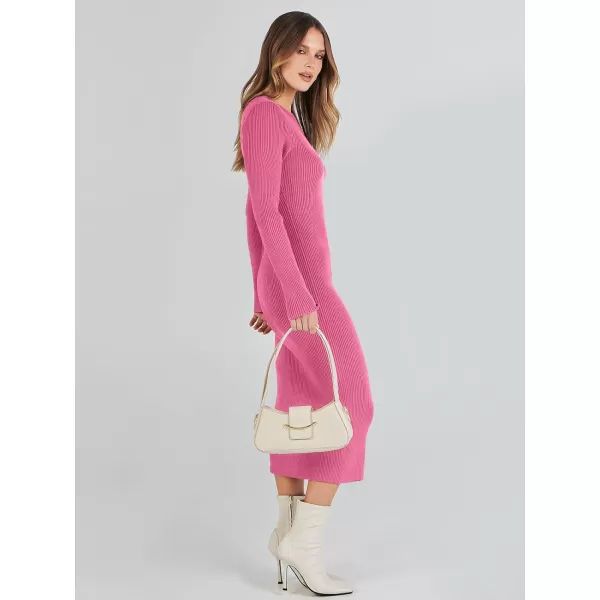 imageANRABESS Womens 2023 Trendy Long Sleeve Sweater Dress Crewneck Slim Fit Ribbed Knit Bodycon Midi DressHot Pink