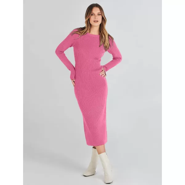 imageANRABESS Womens 2023 Trendy Long Sleeve Sweater Dress Crewneck Slim Fit Ribbed Knit Bodycon Midi DressHot Pink