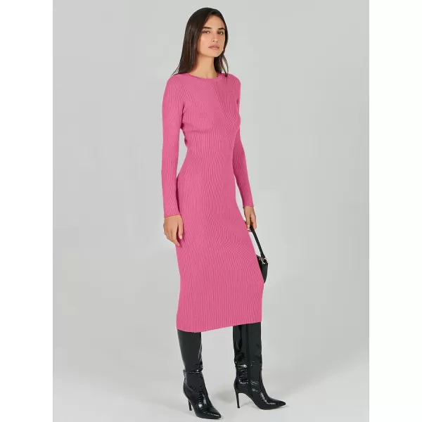 imageANRABESS Womens 2023 Trendy Long Sleeve Sweater Dress Crewneck Slim Fit Ribbed Knit Bodycon Midi DressHot Pink