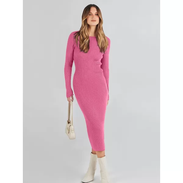 imageANRABESS Womens 2023 Trendy Long Sleeve Sweater Dress Crewneck Slim Fit Ribbed Knit Bodycon Midi DressHot Pink