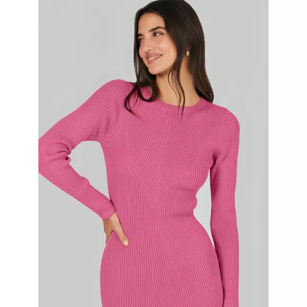 imageANRABESS Womens 2023 Trendy Long Sleeve Sweater Dress Crewneck Slim Fit Ribbed Knit Bodycon Midi DressHot Pink