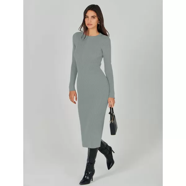 imageANRABESS Womens 2023 Trendy Long Sleeve Sweater Dress Crewneck Slim Fit Ribbed Knit Bodycon Midi DressLight Gray