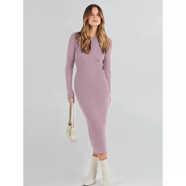 imageANRABESS Womens 2023 Trendy Long Sleeve Sweater Dress Crewneck Slim Fit Ribbed Knit Bodycon Midi DressLight Purple