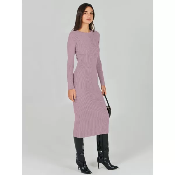 imageANRABESS Womens 2023 Trendy Long Sleeve Sweater Dress Crewneck Slim Fit Ribbed Knit Bodycon Midi DressLight Purple