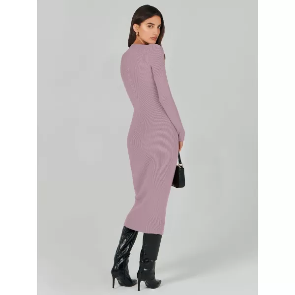 imageANRABESS Womens 2023 Trendy Long Sleeve Sweater Dress Crewneck Slim Fit Ribbed Knit Bodycon Midi DressLight Purple