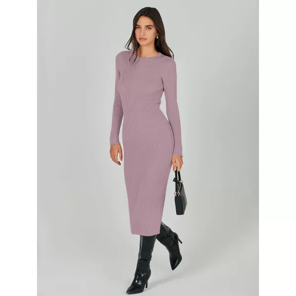 imageANRABESS Womens 2023 Trendy Long Sleeve Sweater Dress Crewneck Slim Fit Ribbed Knit Bodycon Midi DressLight Purple