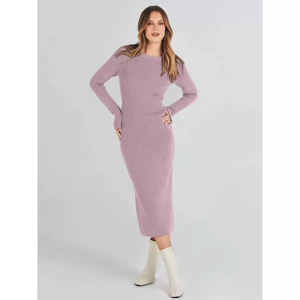 imageANRABESS Womens 2023 Trendy Long Sleeve Sweater Dress Crewneck Slim Fit Ribbed Knit Bodycon Midi DressLight Purple