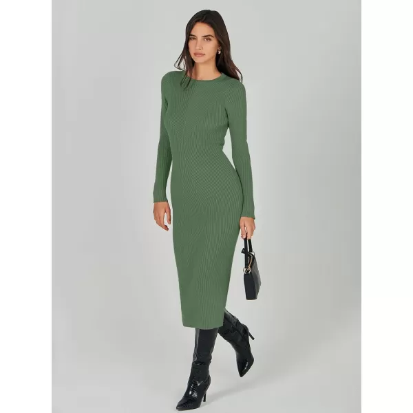 imageANRABESS Womens 2023 Trendy Long Sleeve Sweater Dress Crewneck Slim Fit Ribbed Knit Bodycon Midi DressOlive