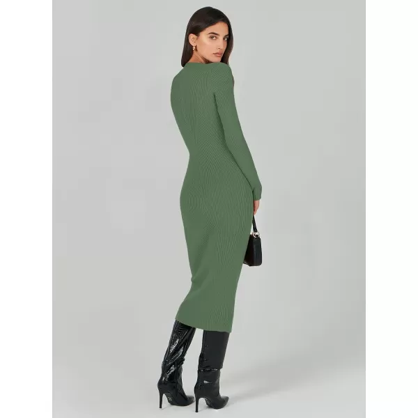 imageANRABESS Womens 2023 Trendy Long Sleeve Sweater Dress Crewneck Slim Fit Ribbed Knit Bodycon Midi DressOlive