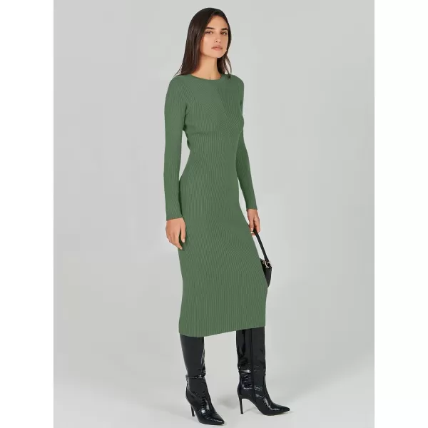 imageANRABESS Womens 2023 Trendy Long Sleeve Sweater Dress Crewneck Slim Fit Ribbed Knit Bodycon Midi DressOlive