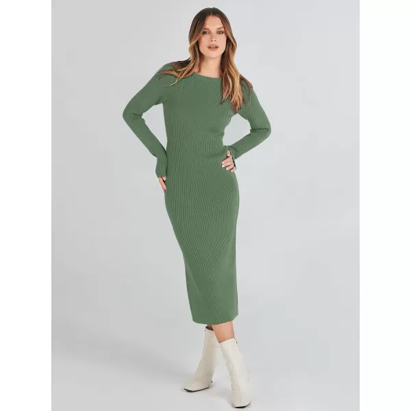 imageANRABESS Womens 2023 Trendy Long Sleeve Sweater Dress Crewneck Slim Fit Ribbed Knit Bodycon Midi DressOlive