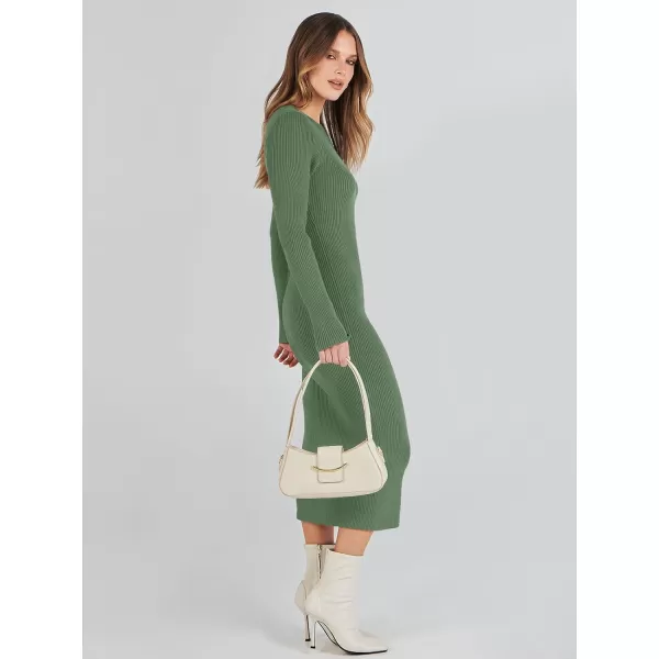 imageANRABESS Womens 2023 Trendy Long Sleeve Sweater Dress Crewneck Slim Fit Ribbed Knit Bodycon Midi DressOlive