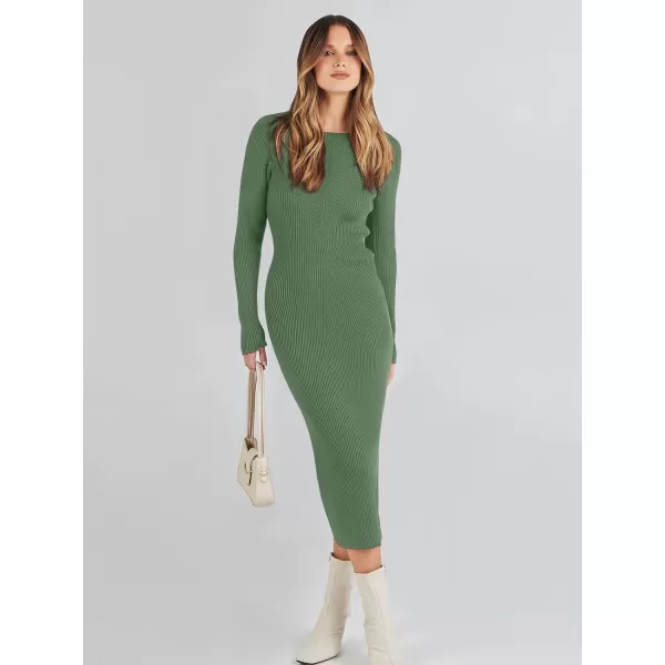 imageANRABESS Womens 2023 Trendy Long Sleeve Sweater Dress Crewneck Slim Fit Ribbed Knit Bodycon Midi DressOlive