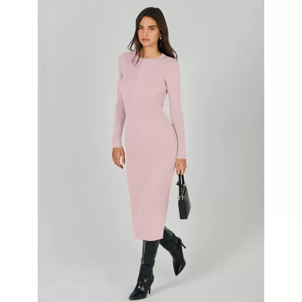 imageANRABESS Womens 2023 Trendy Long Sleeve Sweater Dress Crewneck Slim Fit Ribbed Knit Bodycon Midi DressPink