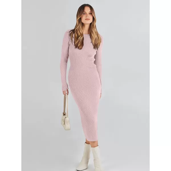 imageANRABESS Womens 2023 Trendy Long Sleeve Sweater Dress Crewneck Slim Fit Ribbed Knit Bodycon Midi DressPink