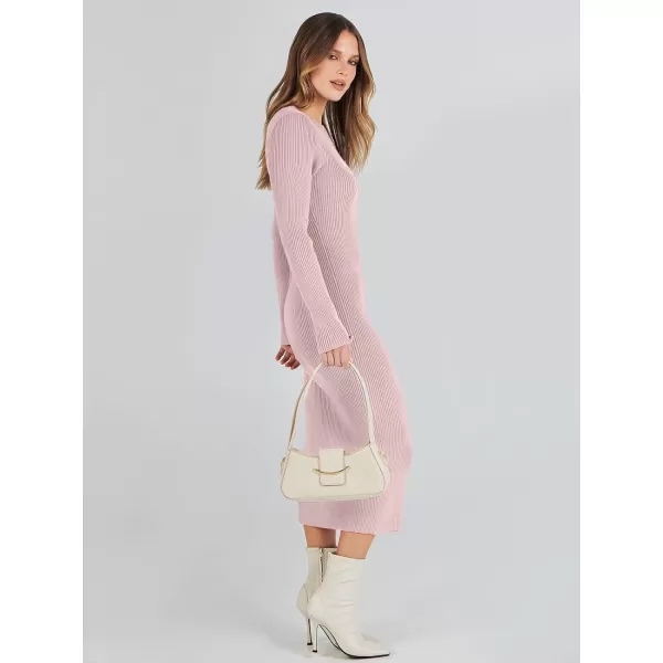 imageANRABESS Womens 2023 Trendy Long Sleeve Sweater Dress Crewneck Slim Fit Ribbed Knit Bodycon Midi DressPink