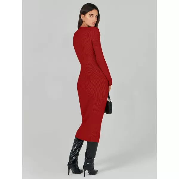 imageANRABESS Womens 2023 Trendy Long Sleeve Sweater Dress Crewneck Slim Fit Ribbed Knit Bodycon Midi DressRed