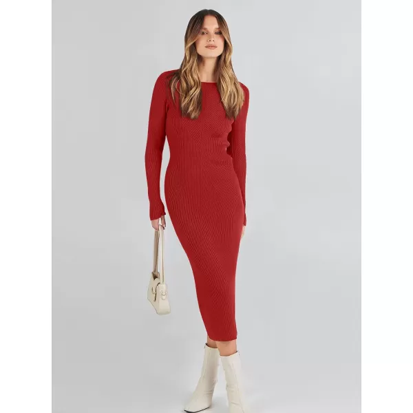 imageANRABESS Womens 2023 Trendy Long Sleeve Sweater Dress Crewneck Slim Fit Ribbed Knit Bodycon Midi DressRed