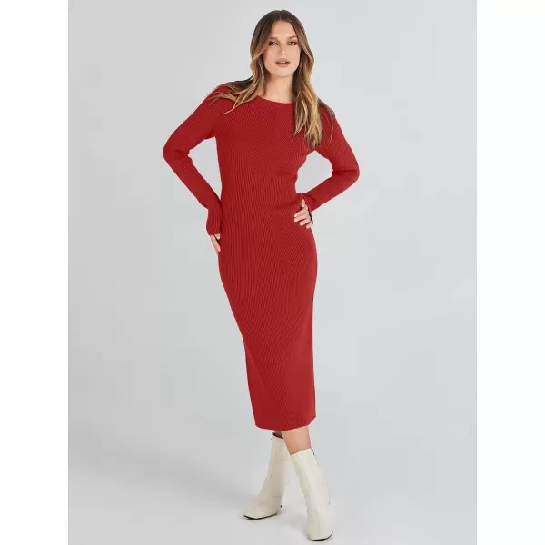 imageANRABESS Womens 2023 Trendy Long Sleeve Sweater Dress Crewneck Slim Fit Ribbed Knit Bodycon Midi DressRed
