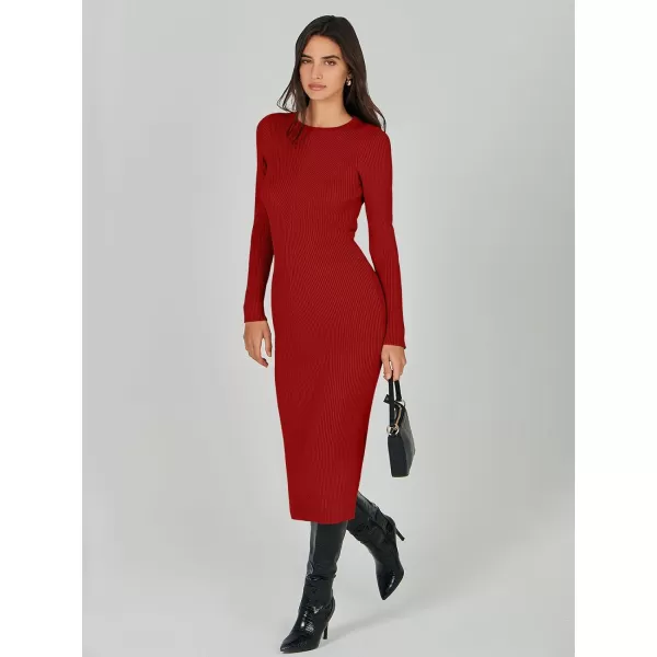 imageANRABESS Womens 2023 Trendy Long Sleeve Sweater Dress Crewneck Slim Fit Ribbed Knit Bodycon Midi DressRed