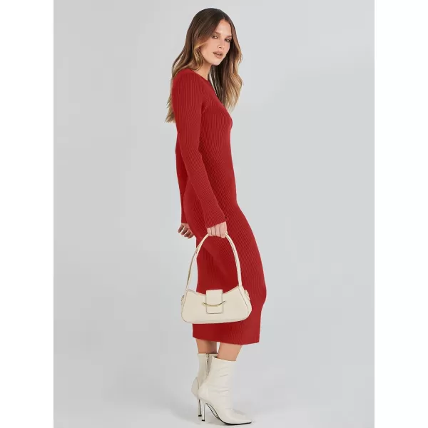 imageANRABESS Womens 2023 Trendy Long Sleeve Sweater Dress Crewneck Slim Fit Ribbed Knit Bodycon Midi DressRed