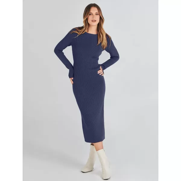 imageANRABESS Womens 2023 Trendy Long Sleeve Sweater Dress Crewneck Slim Fit Ribbed Knit Bodycon Midi DressRoyal Blue