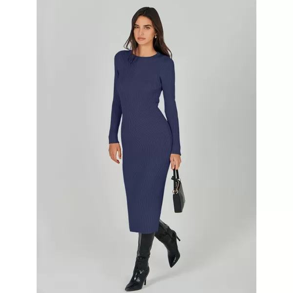 imageANRABESS Womens 2023 Trendy Long Sleeve Sweater Dress Crewneck Slim Fit Ribbed Knit Bodycon Midi DressRoyal Blue