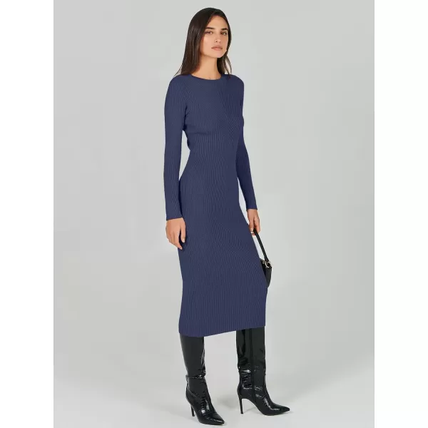 imageANRABESS Womens 2023 Trendy Long Sleeve Sweater Dress Crewneck Slim Fit Ribbed Knit Bodycon Midi DressRoyal Blue