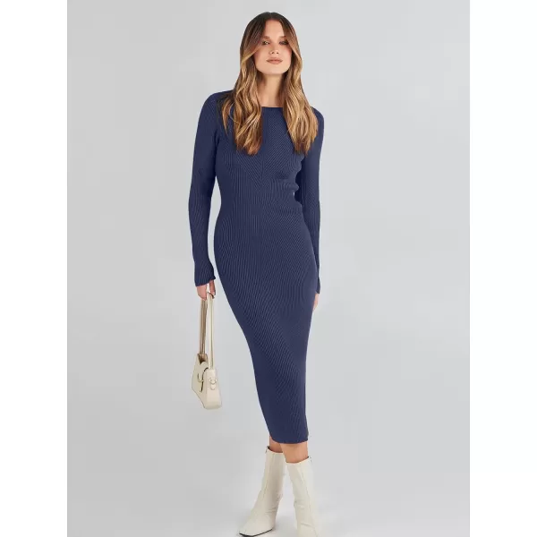 imageANRABESS Womens 2023 Trendy Long Sleeve Sweater Dress Crewneck Slim Fit Ribbed Knit Bodycon Midi DressRoyal Blue