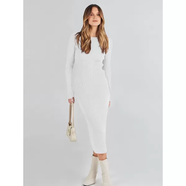 imageANRABESS Womens 2023 Trendy Long Sleeve Sweater Dress Crewneck Slim Fit Ribbed Knit Bodycon Midi DressWhite