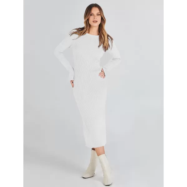 imageANRABESS Womens 2023 Trendy Long Sleeve Sweater Dress Crewneck Slim Fit Ribbed Knit Bodycon Midi DressWhite