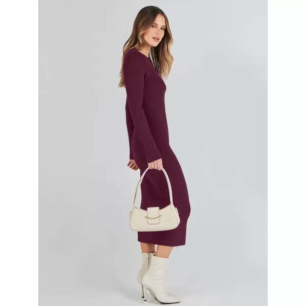 imageANRABESS Womens 2023 Trendy Long Sleeve Sweater Dress Crewneck Slim Fit Ribbed Knit Bodycon Midi DressWine Red