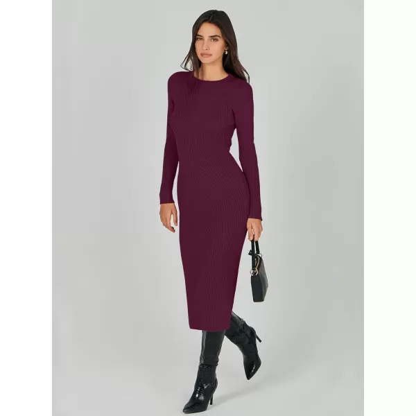 imageANRABESS Womens 2023 Trendy Long Sleeve Sweater Dress Crewneck Slim Fit Ribbed Knit Bodycon Midi DressWine Red