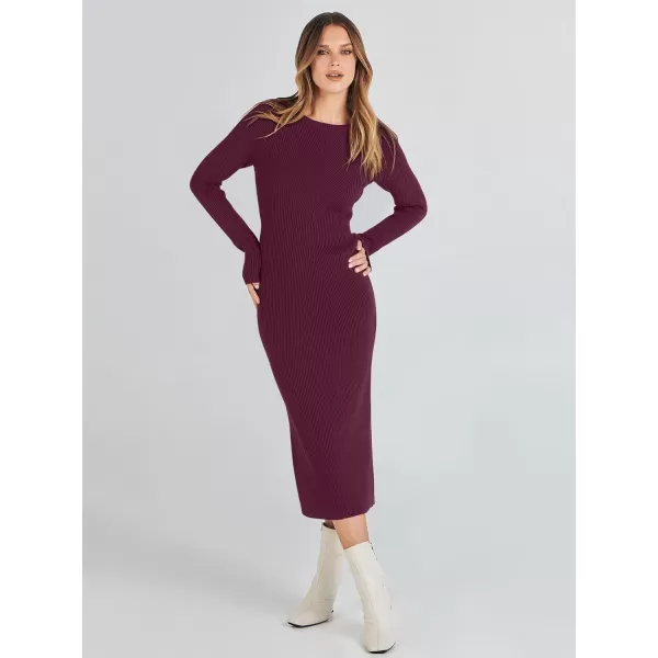 imageANRABESS Womens 2023 Trendy Long Sleeve Sweater Dress Crewneck Slim Fit Ribbed Knit Bodycon Midi DressWine Red