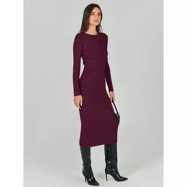 imageANRABESS Womens 2023 Trendy Long Sleeve Sweater Dress Crewneck Slim Fit Ribbed Knit Bodycon Midi DressWine Red