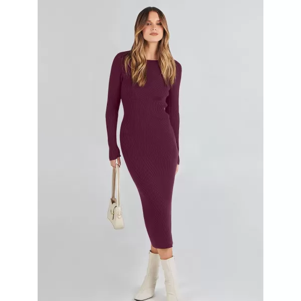 imageANRABESS Womens 2023 Trendy Long Sleeve Sweater Dress Crewneck Slim Fit Ribbed Knit Bodycon Midi DressWine Red