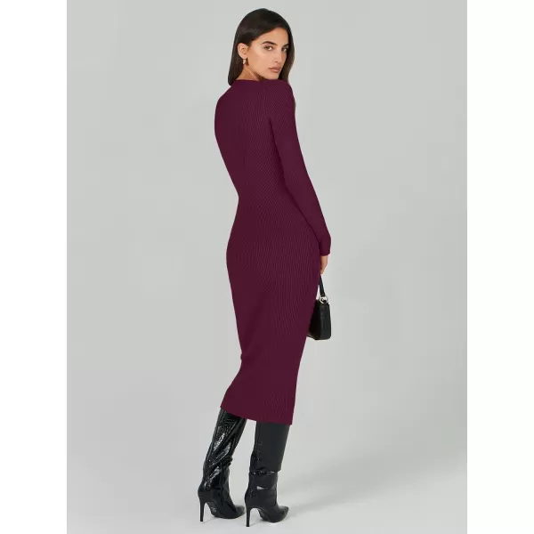 imageANRABESS Womens 2023 Trendy Long Sleeve Sweater Dress Crewneck Slim Fit Ribbed Knit Bodycon Midi DressWine Red